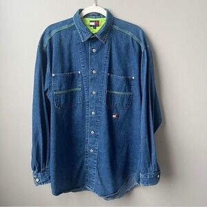 Vintage Tommy Jeans Denim Button Up Shirt Men's Medium Blue Patch Preppy Frat